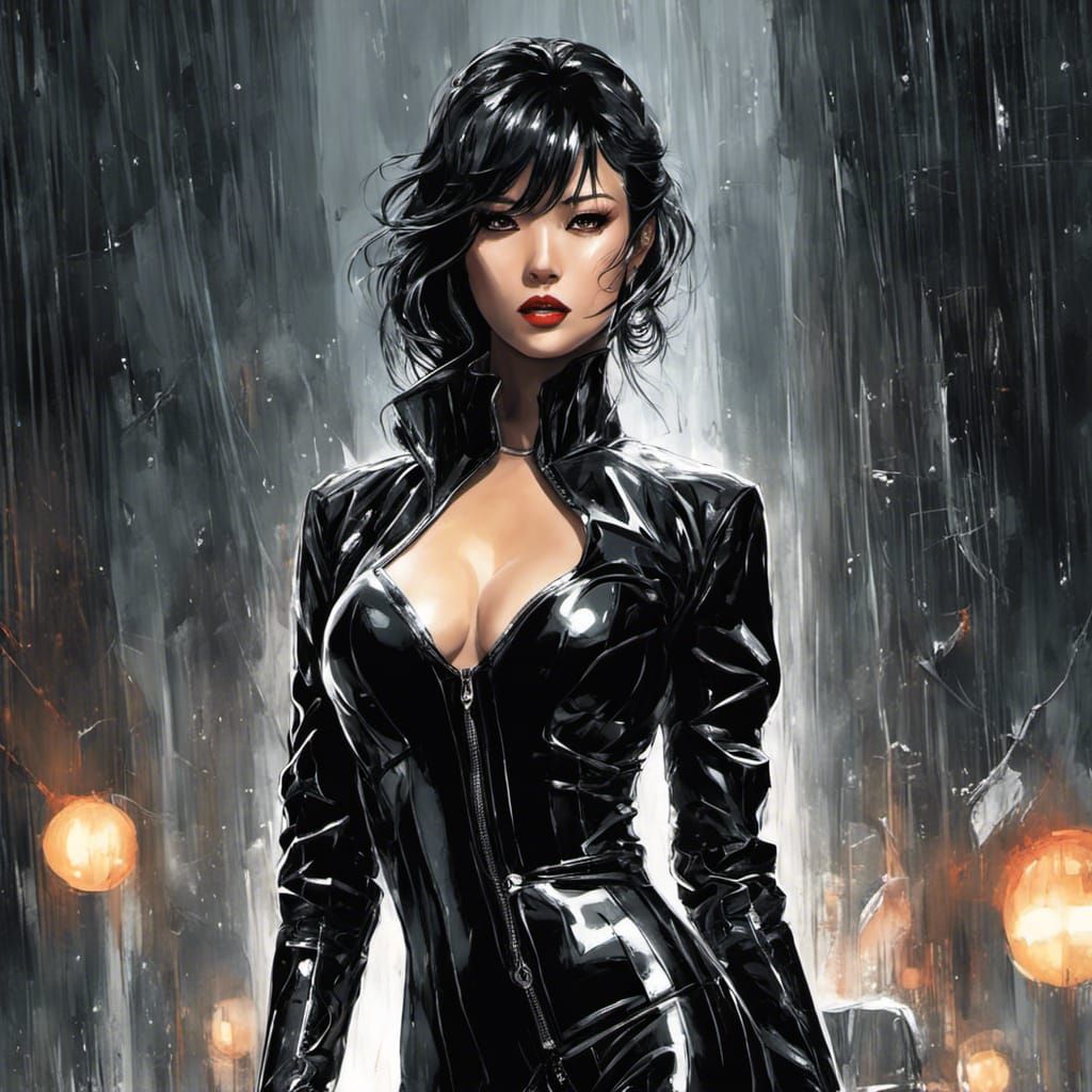 Woman in Latex Catsuit in the Rain, Shinkawa Style