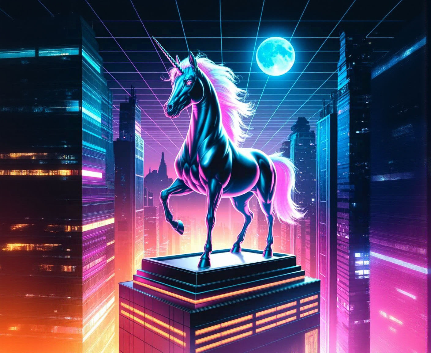 Cyberpunk Unicorn on Futuristic Building at Night