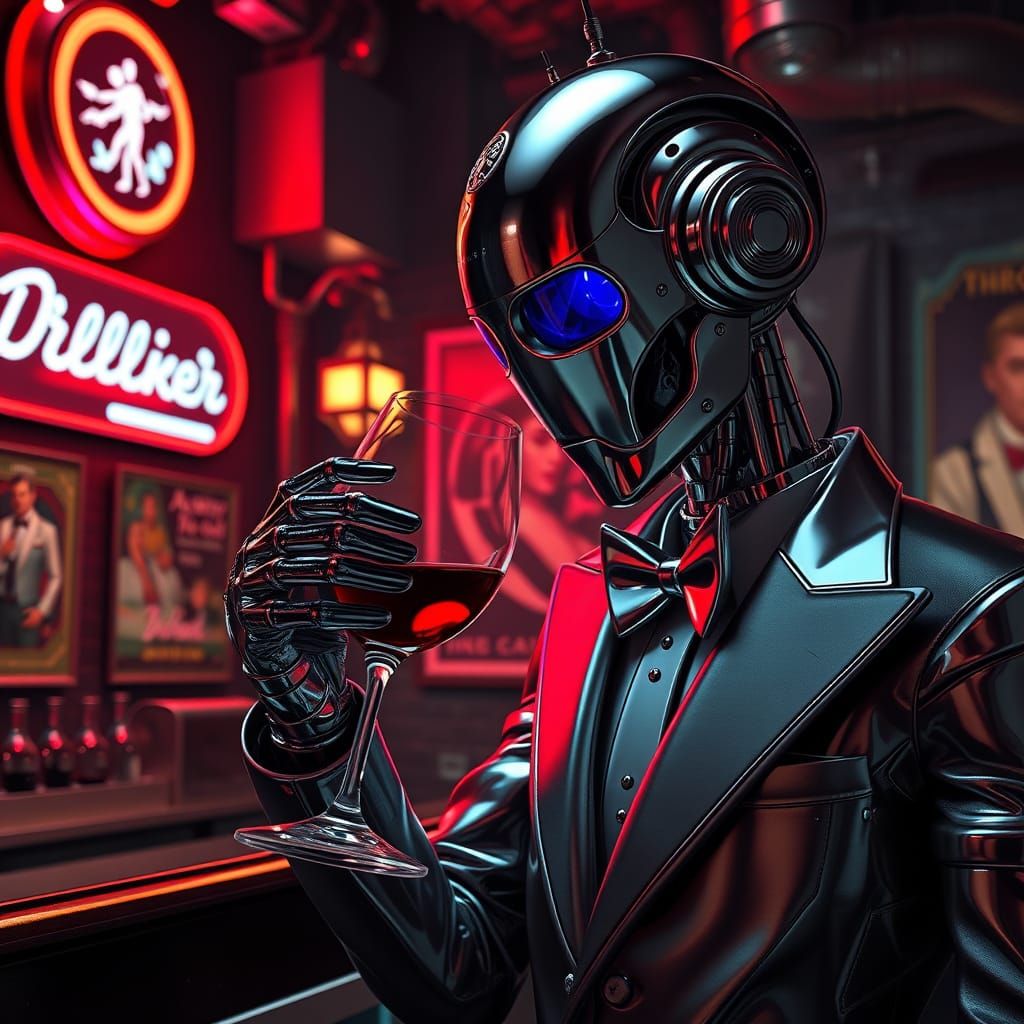 Robot Sommelier on Mars in Cyberpunk Style