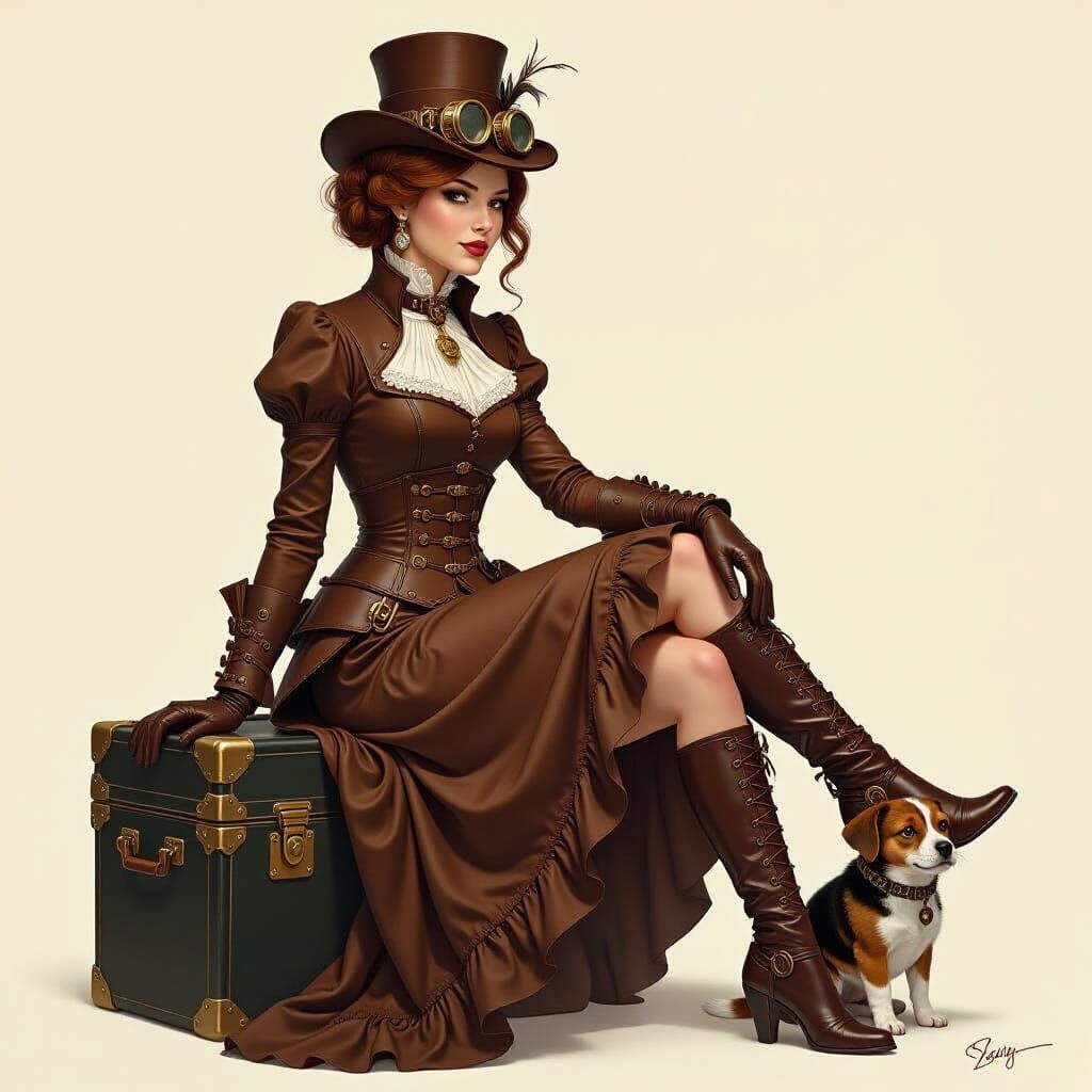 Steampunk Woman and Dog in Leather Dress