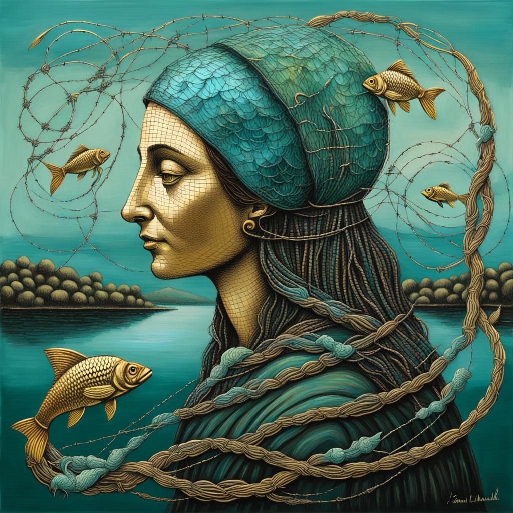 Surreal Anthropomorphic Fish Woman in Aquamarine and Gold