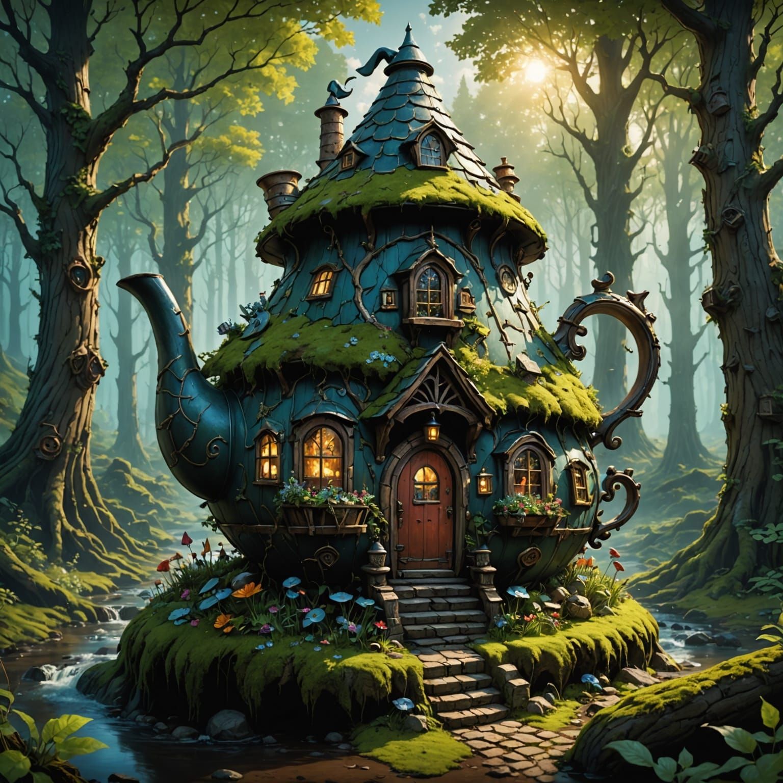 Epic Maximalist Teapot Gnome House Amidst Enchanted Woods
