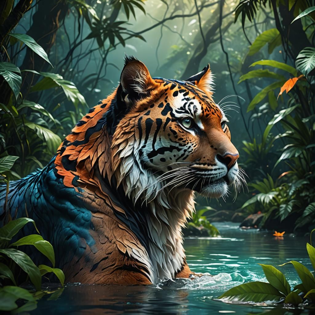 Unfamiliar Big Cat in Jungle, Hyper-Realistic Digital Art