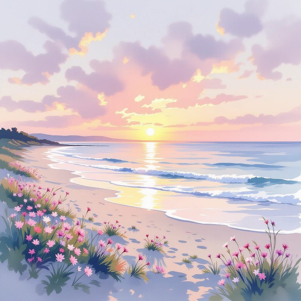 Ethereal Watercolor Beach Sunrise with Wildflowers
