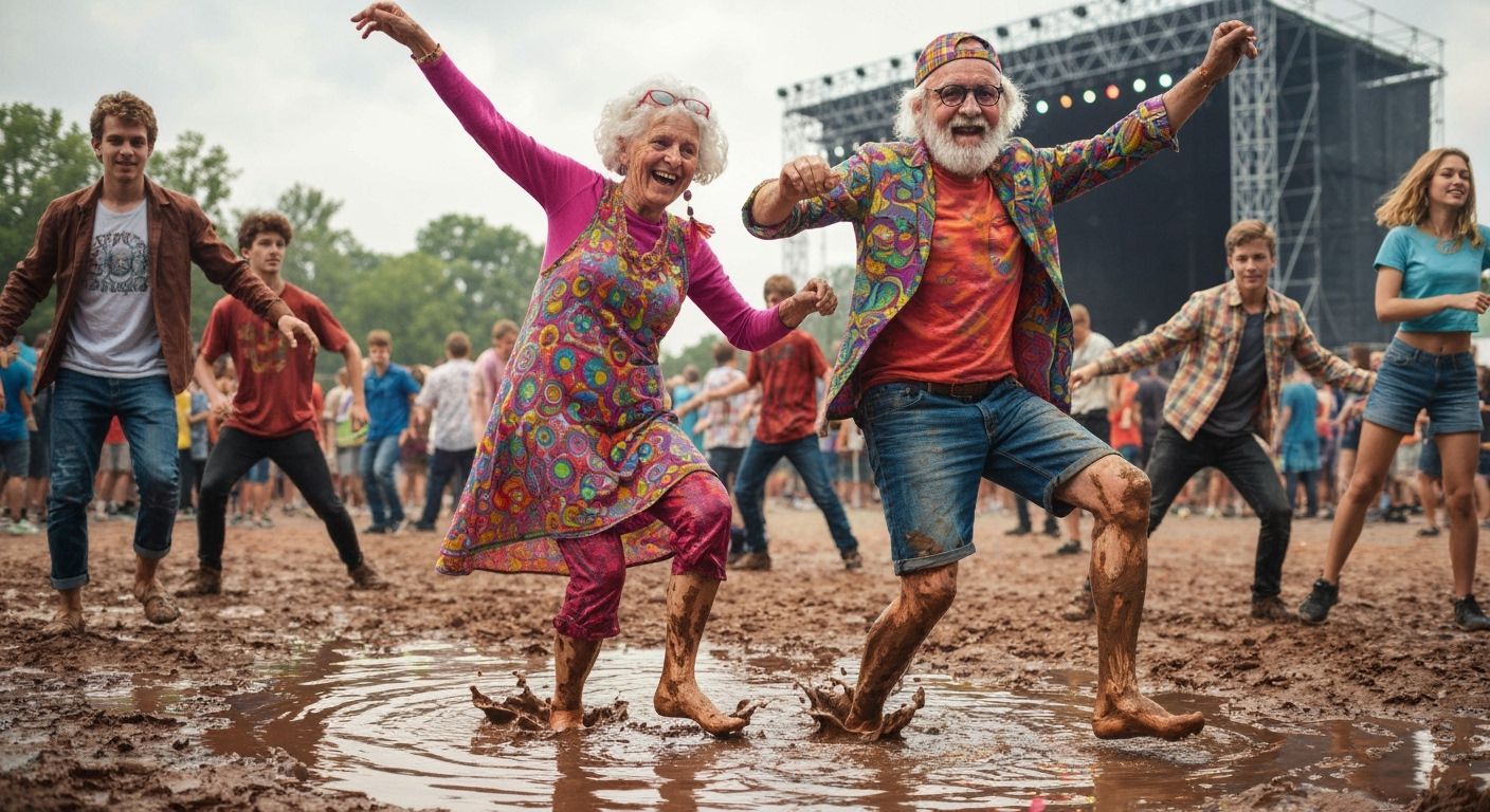 Psychedelic Hippie Couple Dancing in Muddy Puddle