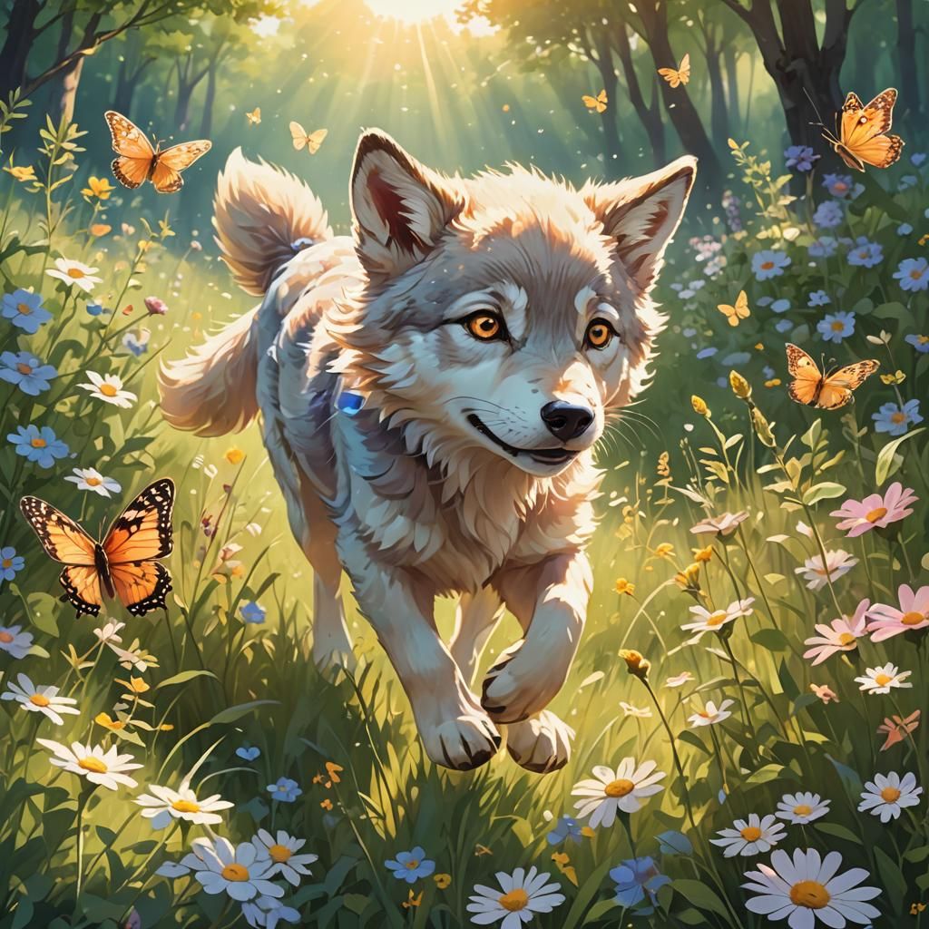 Wolf Pup's Delight: Anime Meadow Adventure