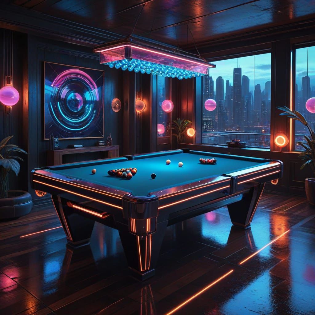 Futuristic Pool Table with Neon Glow in Retrofuturism Style