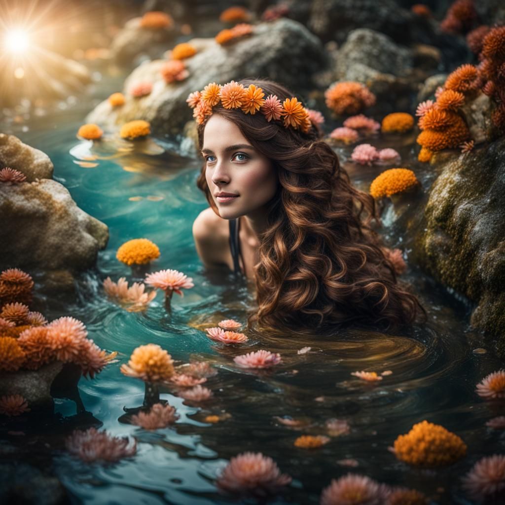 Mermaid with Flowers and Jellyfish in Hair