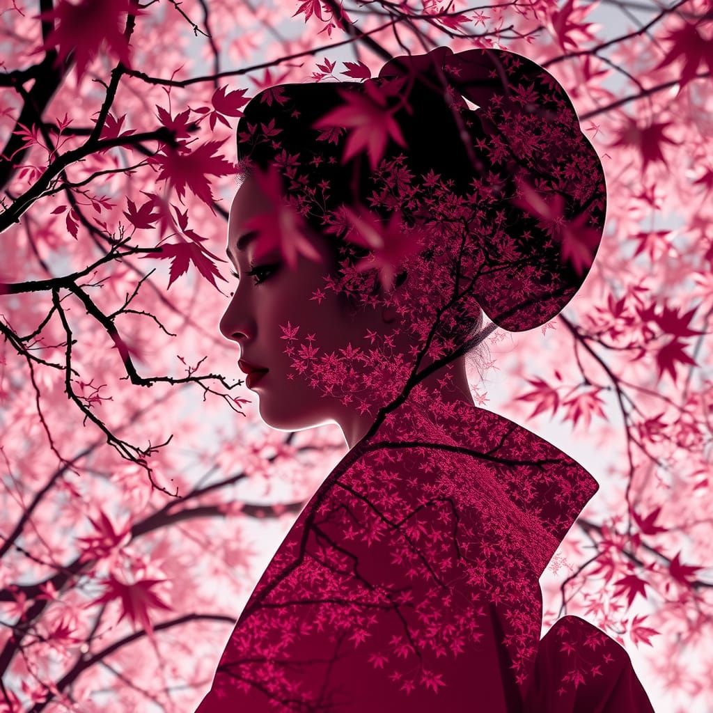 Silhouetted Geisha Amidst Autumn Maple Forest