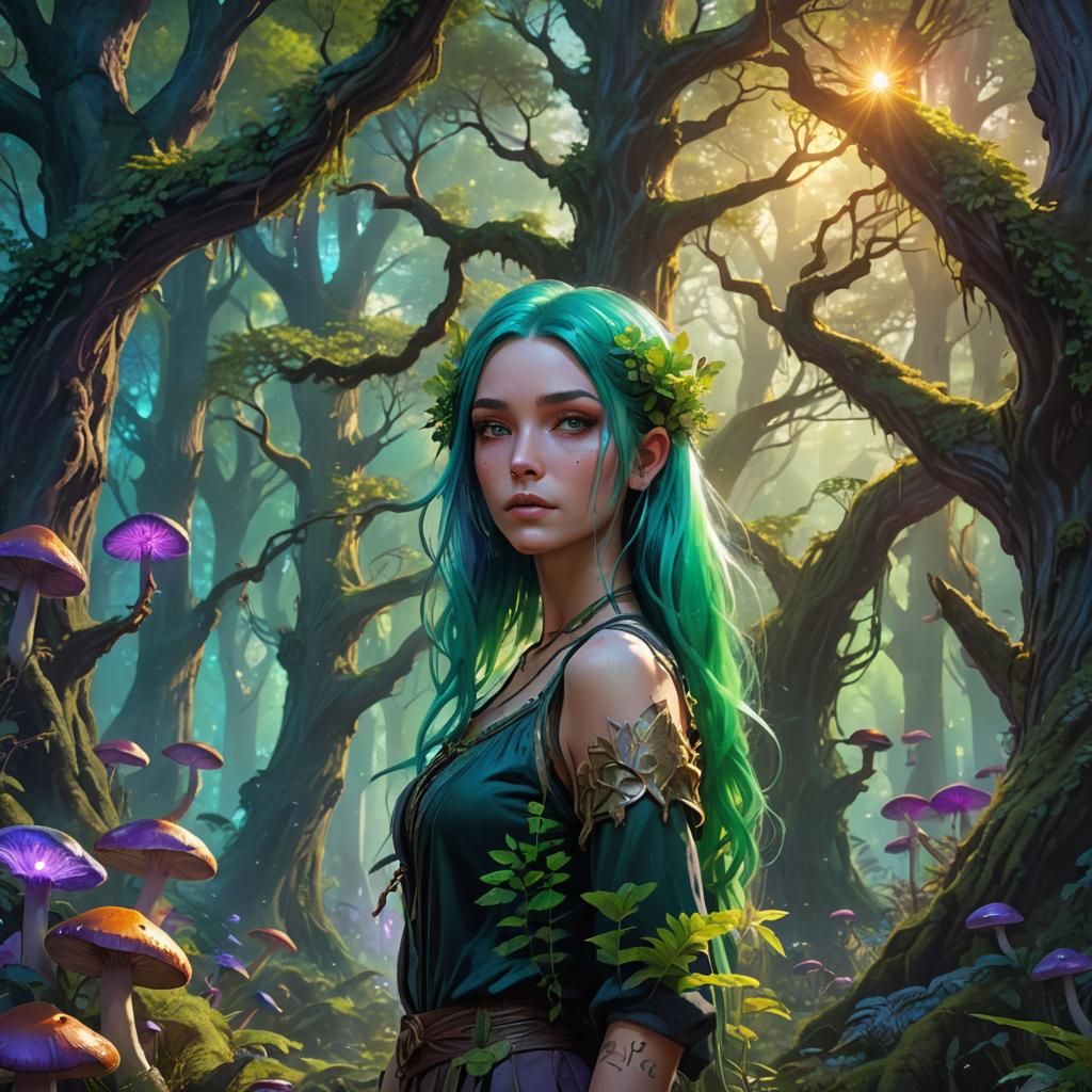 Mystical Forest: Green-Haired Woman in Art Nouveau Style