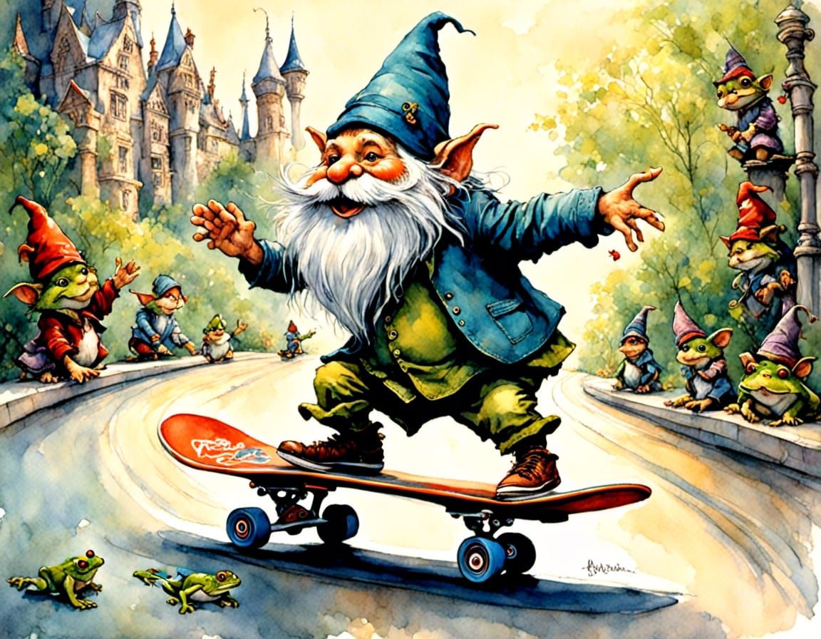 action painting of a gnome riding a skateboard with a frog d...