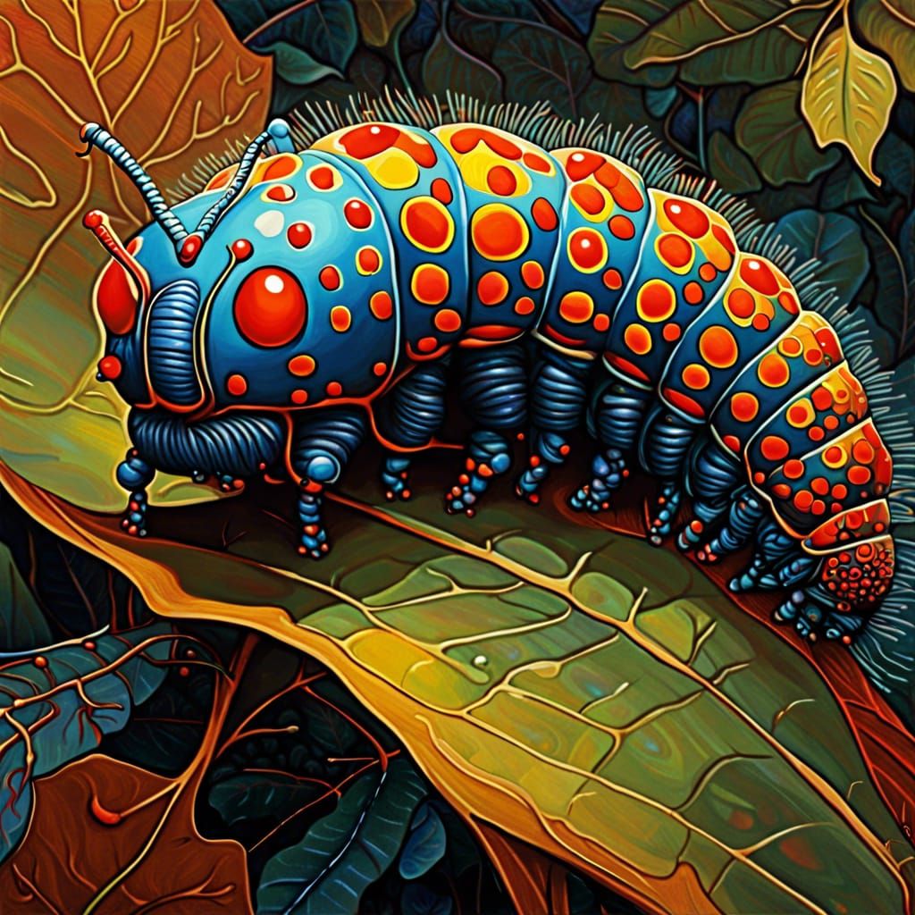 Majestic Caterpillar on Autumn Leaf in Digital Painting