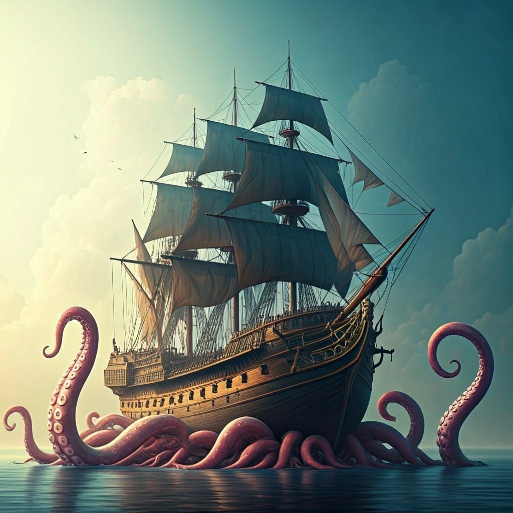 Gothic Ship vs Kraken in Ethereal Mist