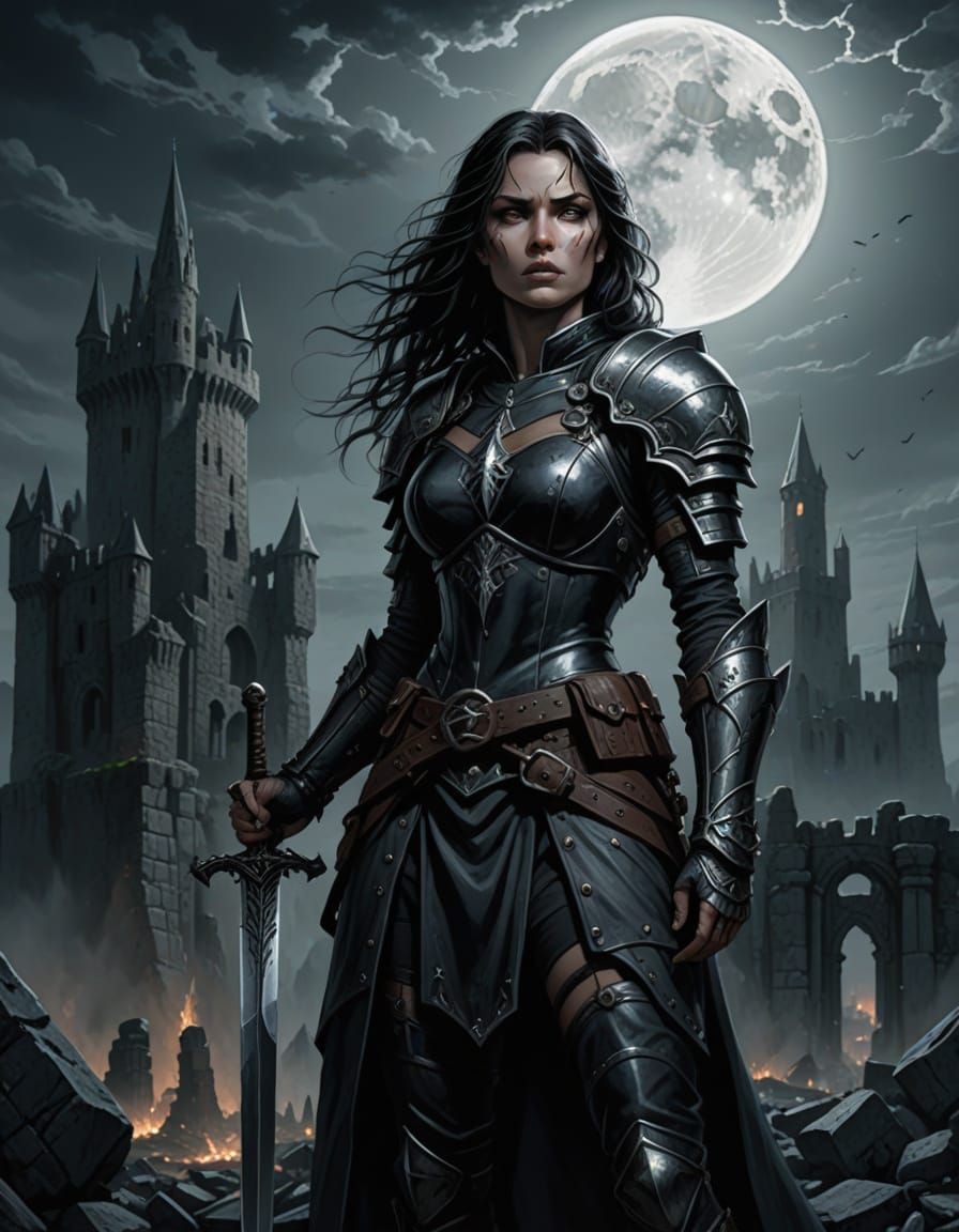 Warrior Woman Stands Proud Amidst Ruined Castle in Dark, Got...
