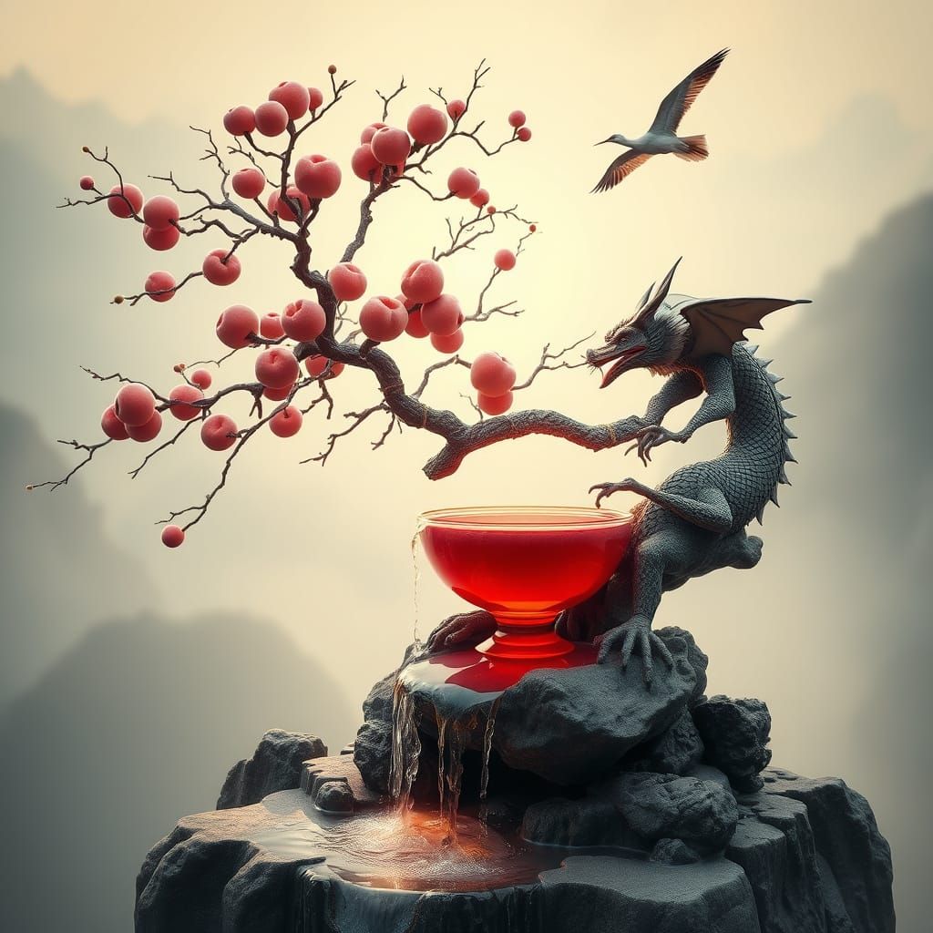 Ancient Peach Bonsai in Chinese Ink Painting Style