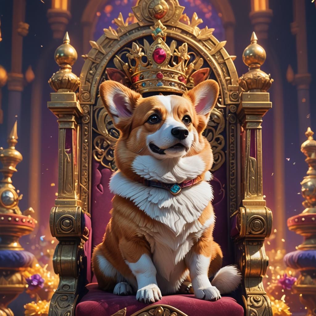 Crowned Corgi on Throne: Vibrant 3D Digital Art