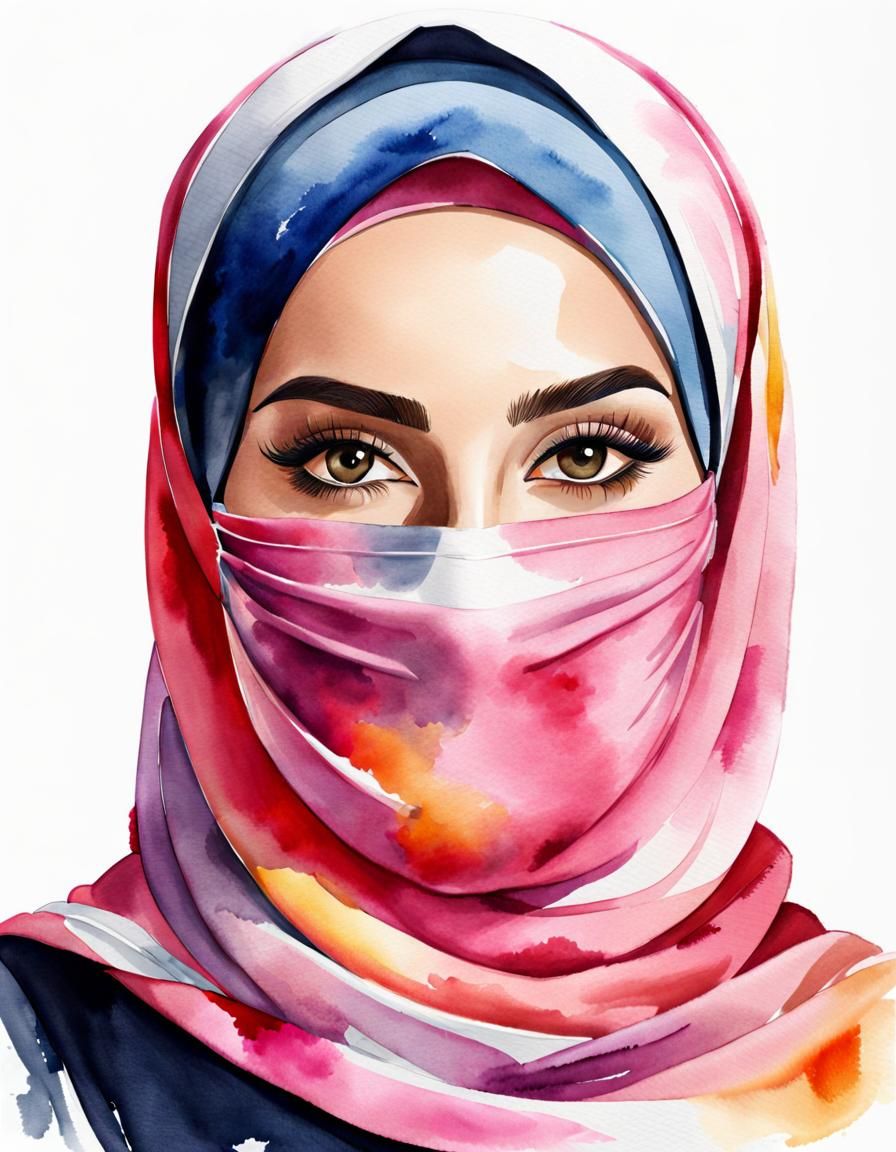Beautiful Hijabi Woman in Watercolor Portrait