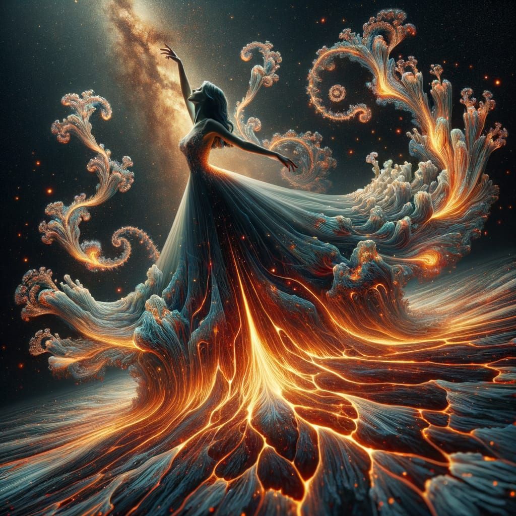 Surreal Double Exposure: Woman Dancing with Volcanic Eruptio...