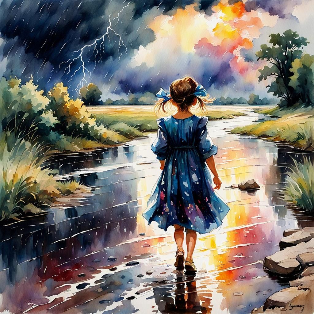 Girl Walks in Rainstorm, Watercolor Painting