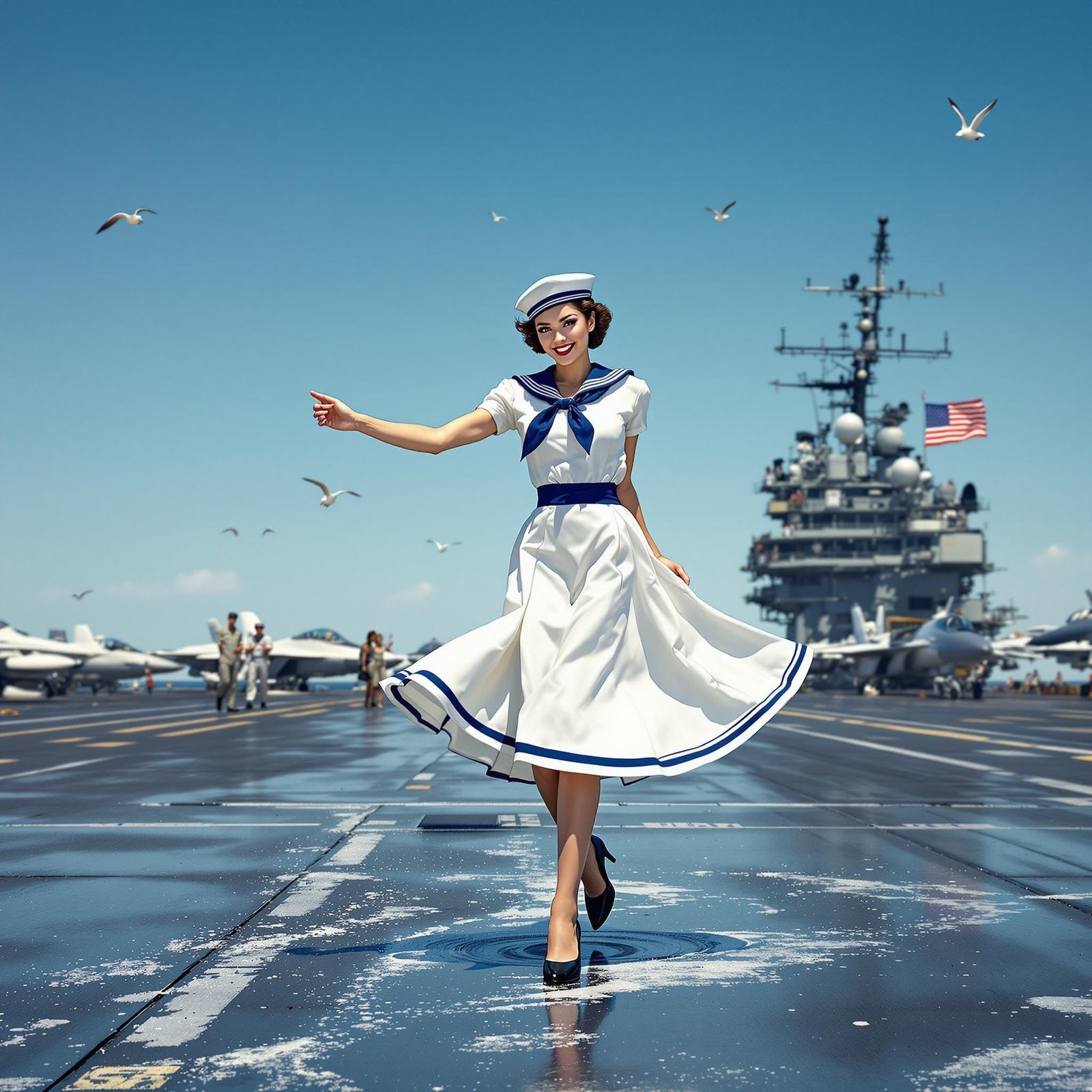 Hyperrealistic Pin-Up Girl Dances on Aircraft Carrier