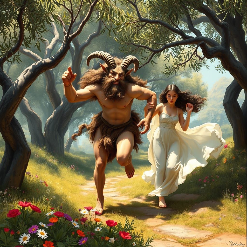 Ancient Greek Pan Pursues a Nymph in a Vibrant Forest