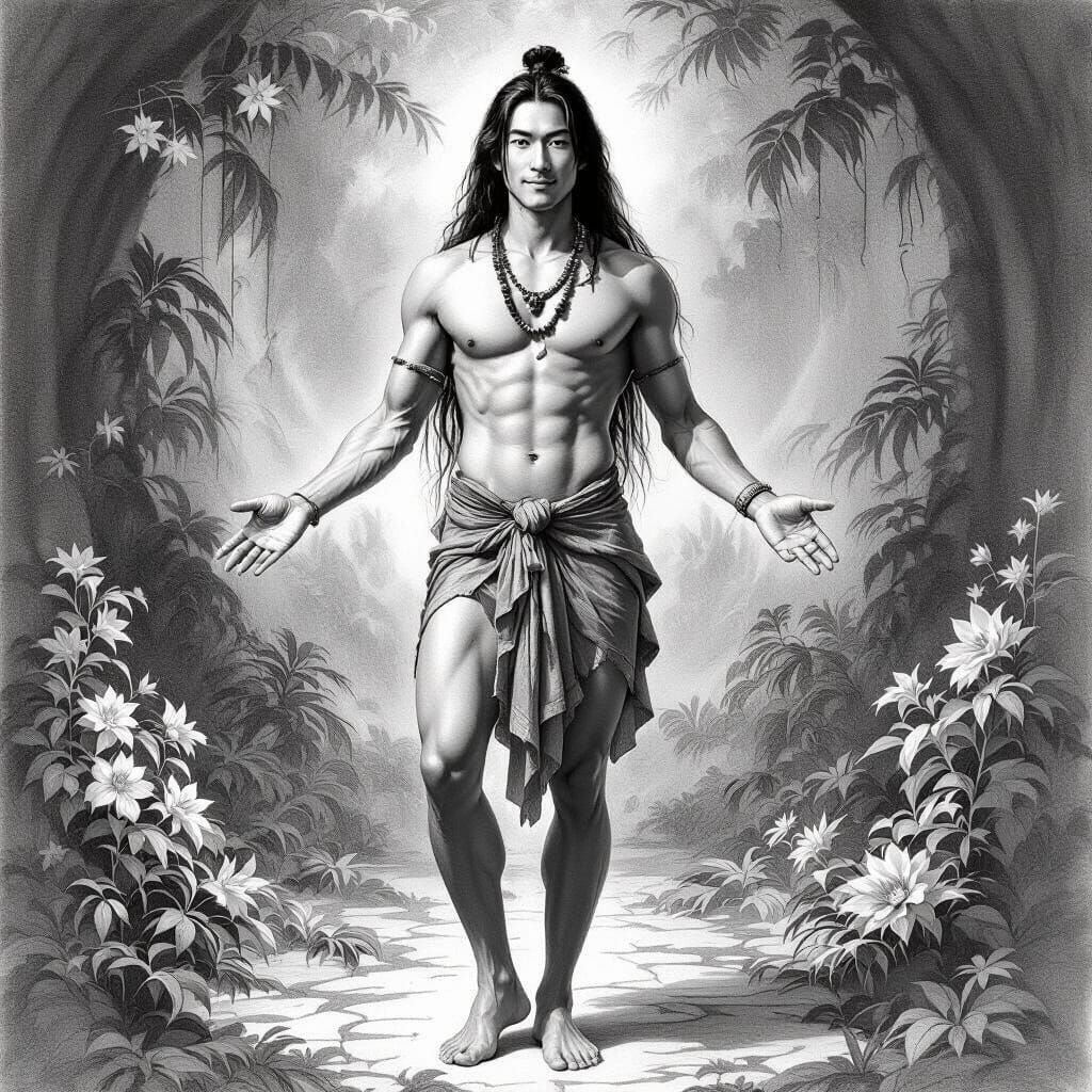 Philosopher with Perfect Anatomy in Dreamlike Pencil Drawing