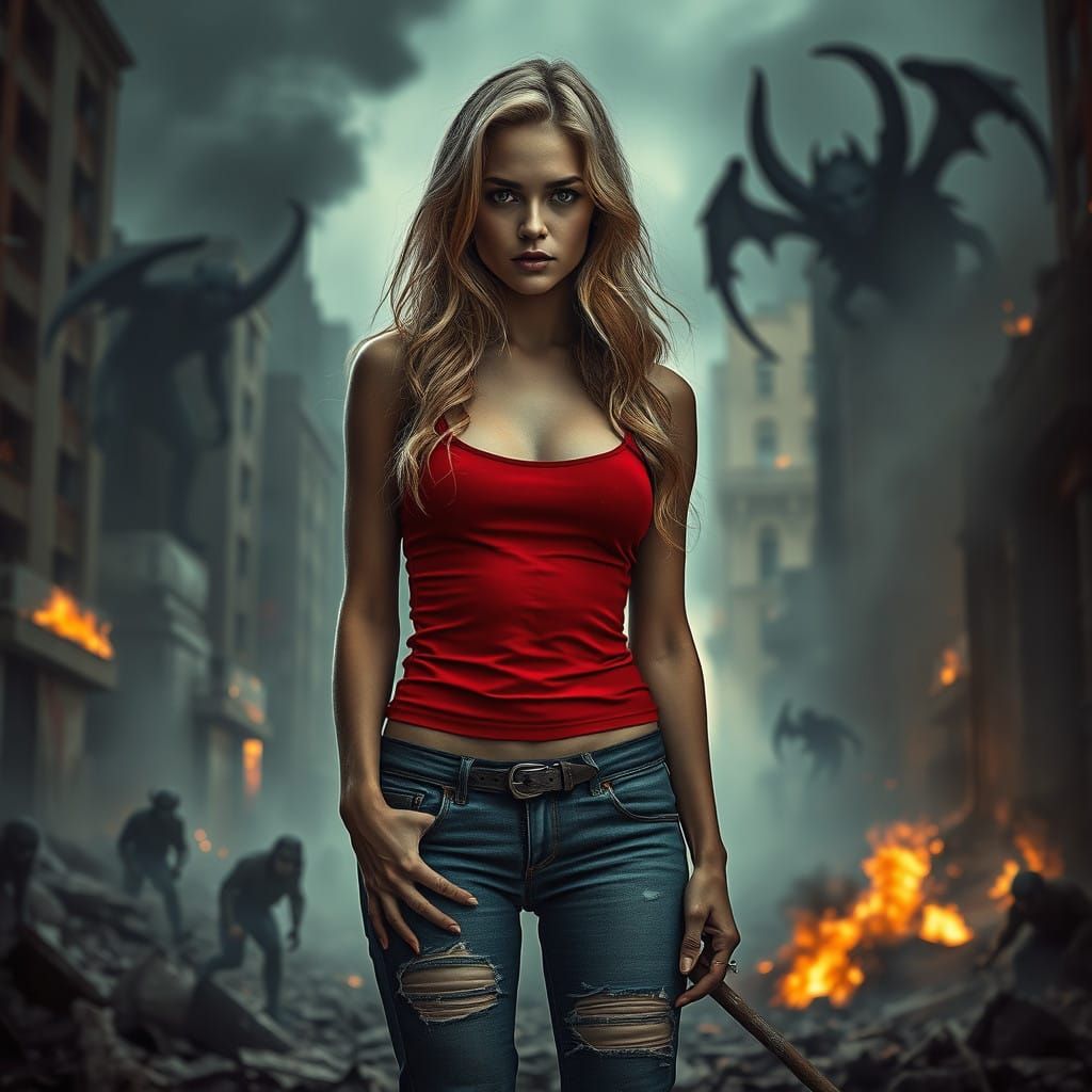 Stunning Blonde Witch Stands Amidst Ruined City, Faced with....