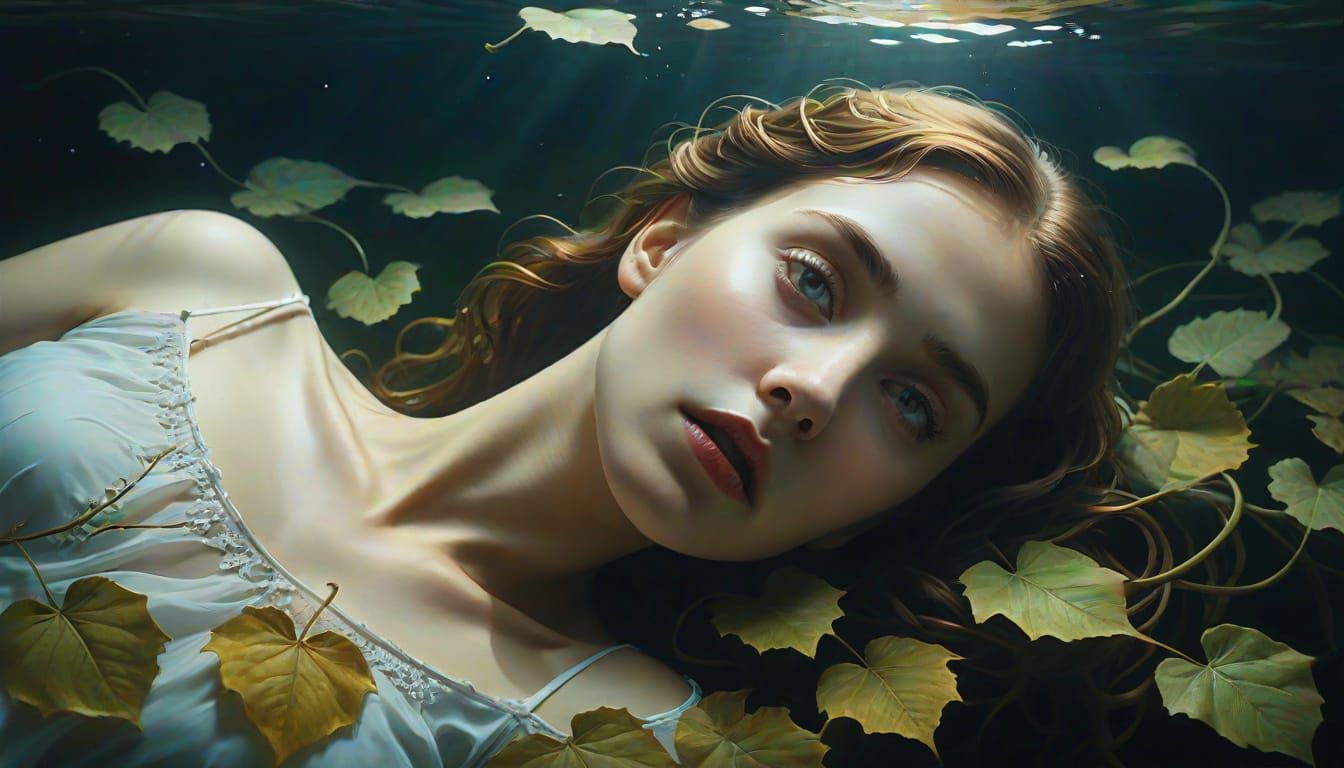 Surreal Woman Submerged in Water: An Oil Painting