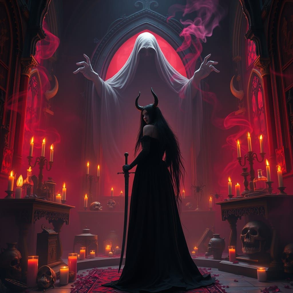 Gothic Princess in Crimson Church: Dark Fantasy Art