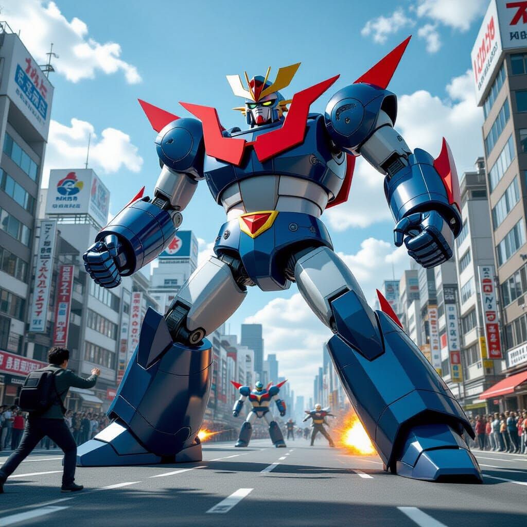 Epic Tokyo Battle: Giant Robots Clash in Cinematic Style