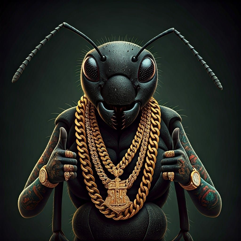 Gangster Ant in Hyper-Realistic Style with Gold Chains and C...
