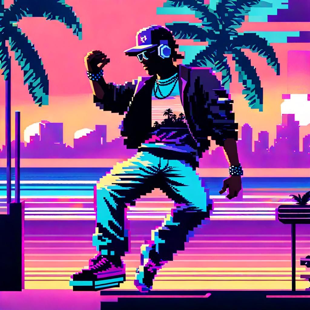 8-Bit Pixelart Breakdancer in Vaporwave Miami
