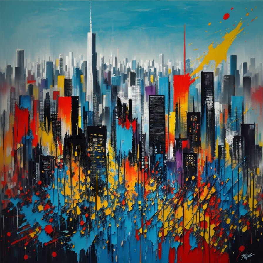 Vibrant Abstract Cityscape with Energetic Splattered Colors