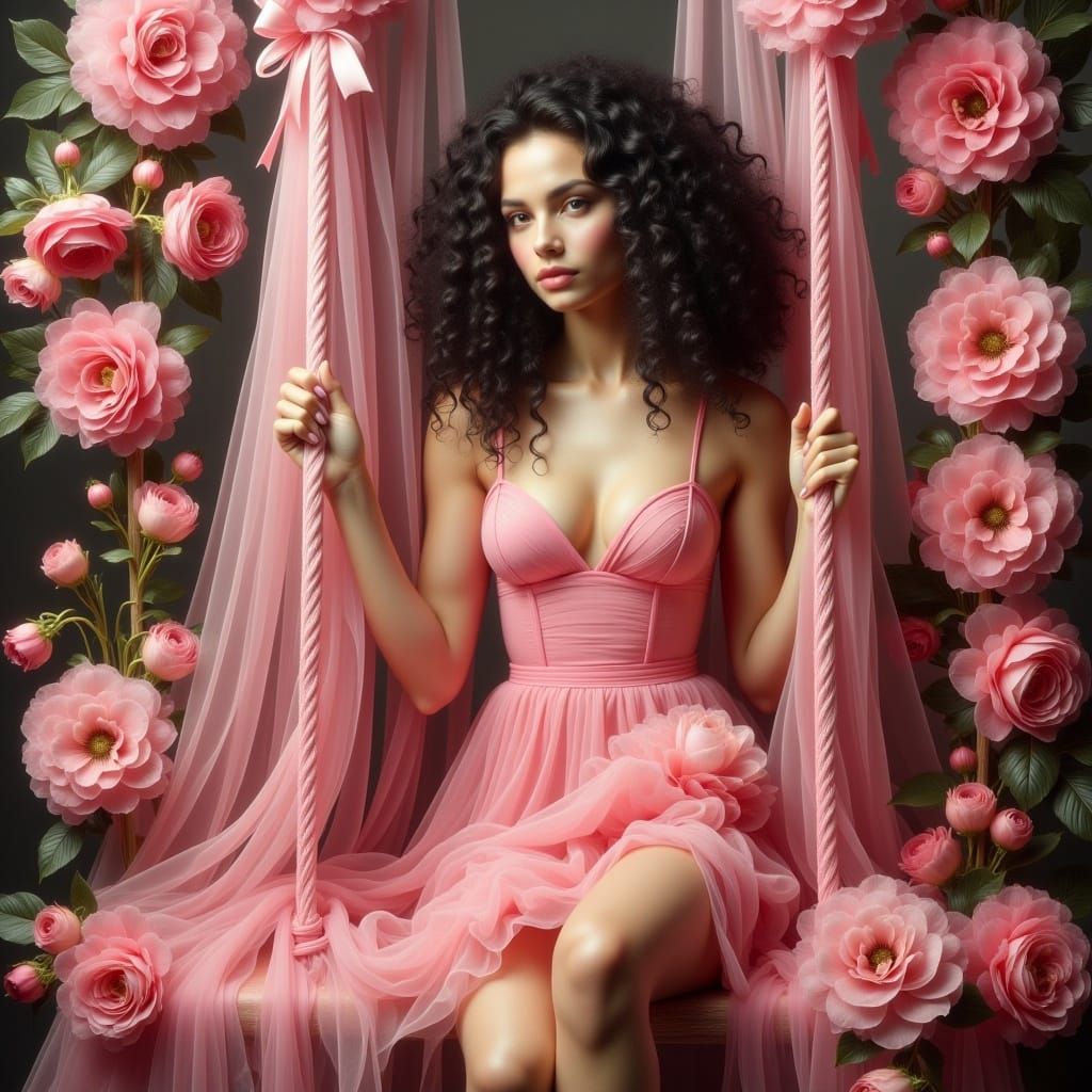 Pink Pin-Up Girl on Ribbon Swing in Art Nouveau Style