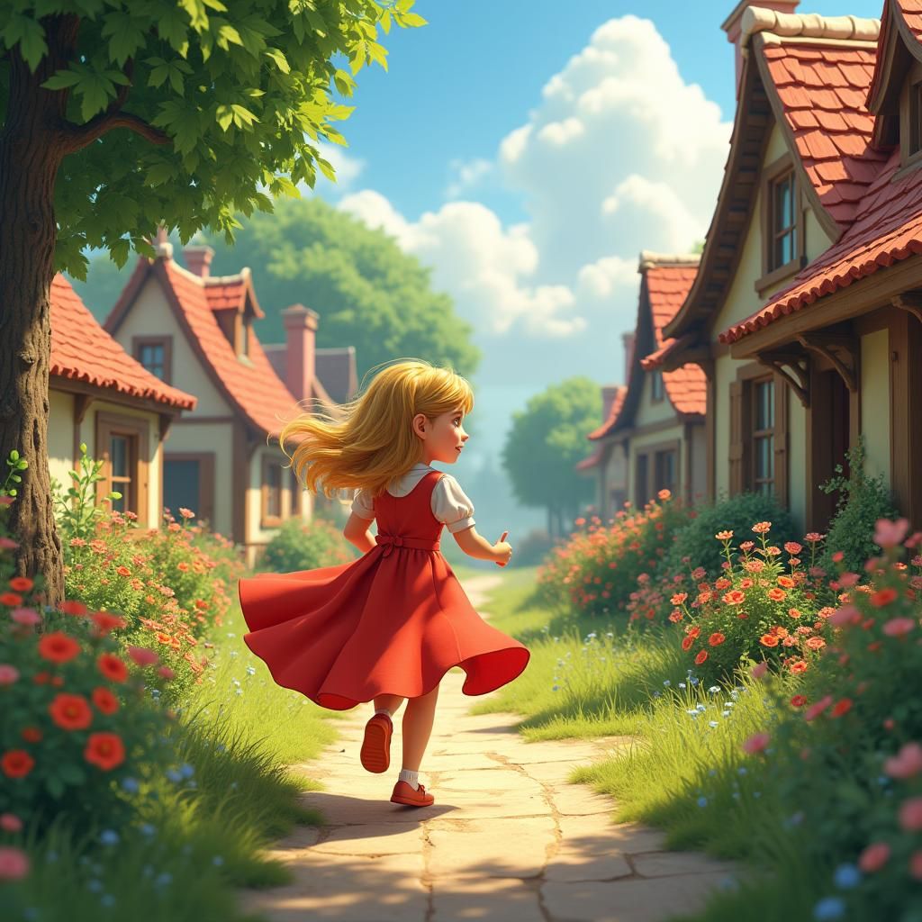 Girl Runs to Friends in Matte Painting Style