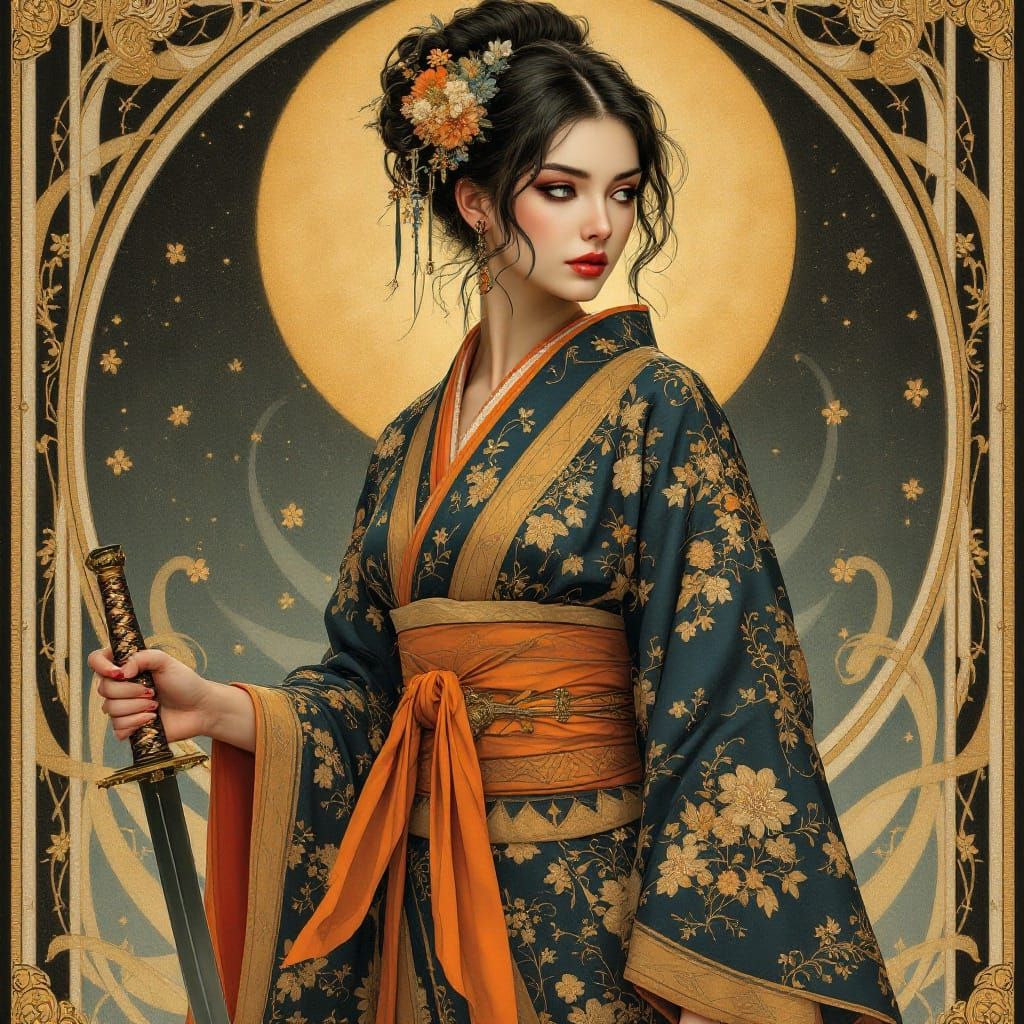 Elegant Woman in Art Nouveau Kimono with Cherry Blossoms