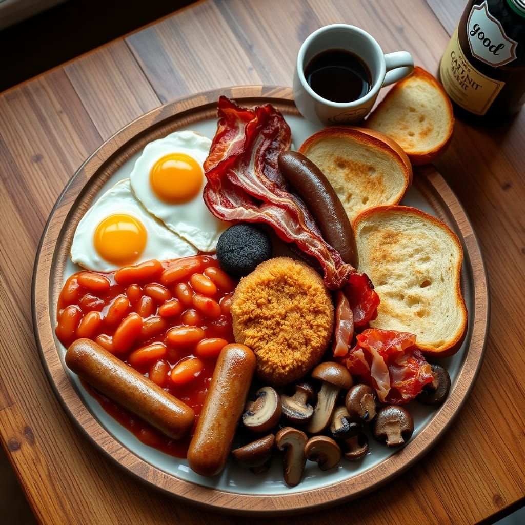 Full English Breakfast Plated on Rustic Wood