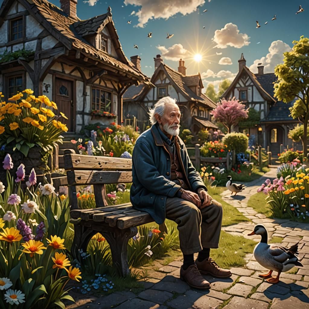 Lonely Old Man Feeds Birds in Sunny Garden