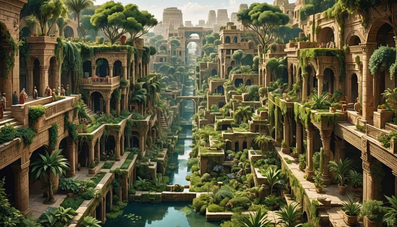 Overgrown Hanging Gardens of Babylon in Ancient Mesopotamia