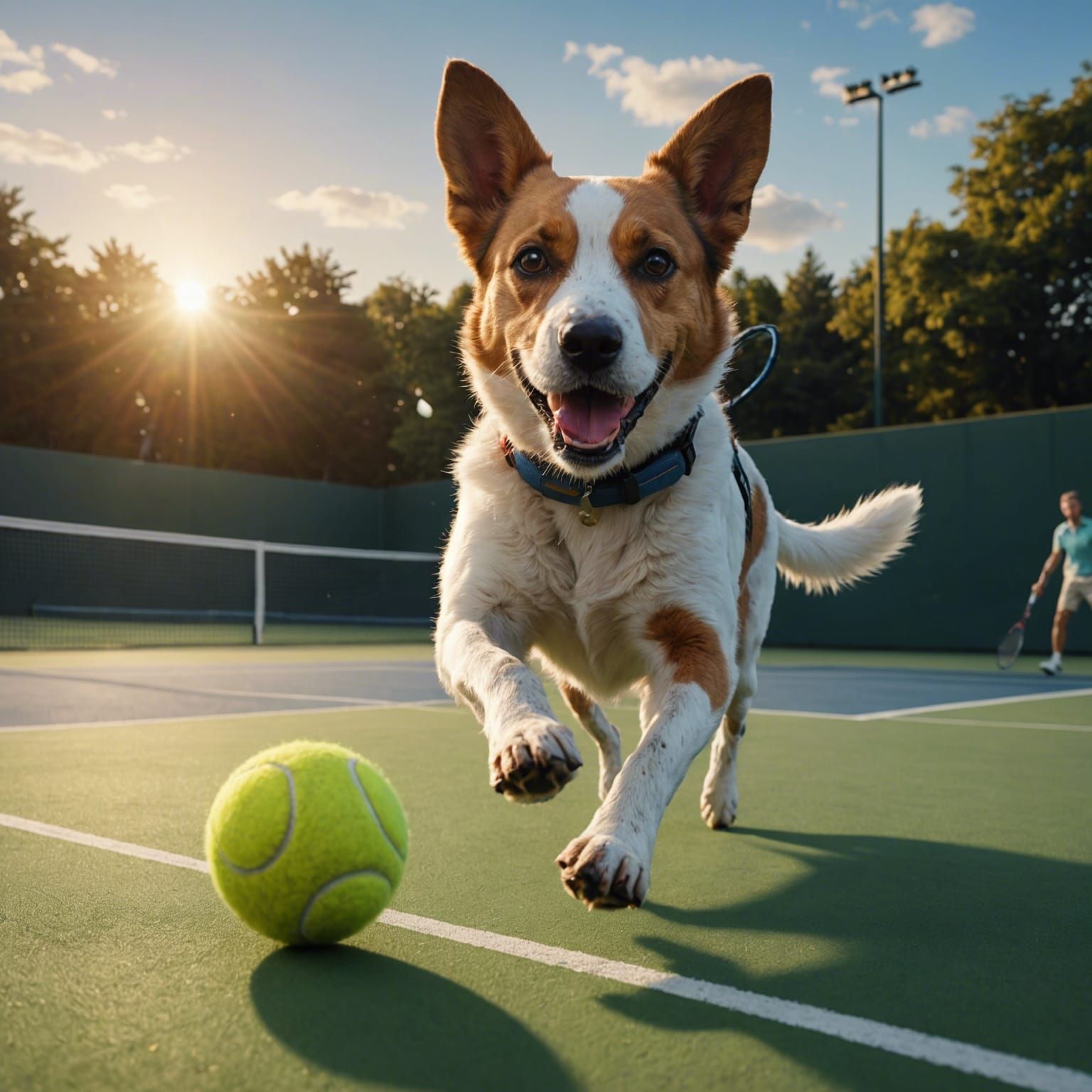 Dog with Racquet on Tennis Court at Sunrise