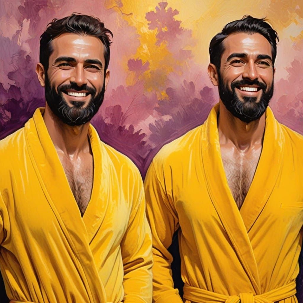 Two Handsome Bearded Men in Yellow Velvet Bathrobes