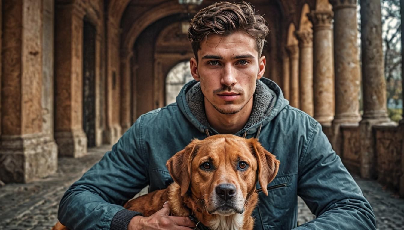 Male Model and Dog in Geometric Abstract Art