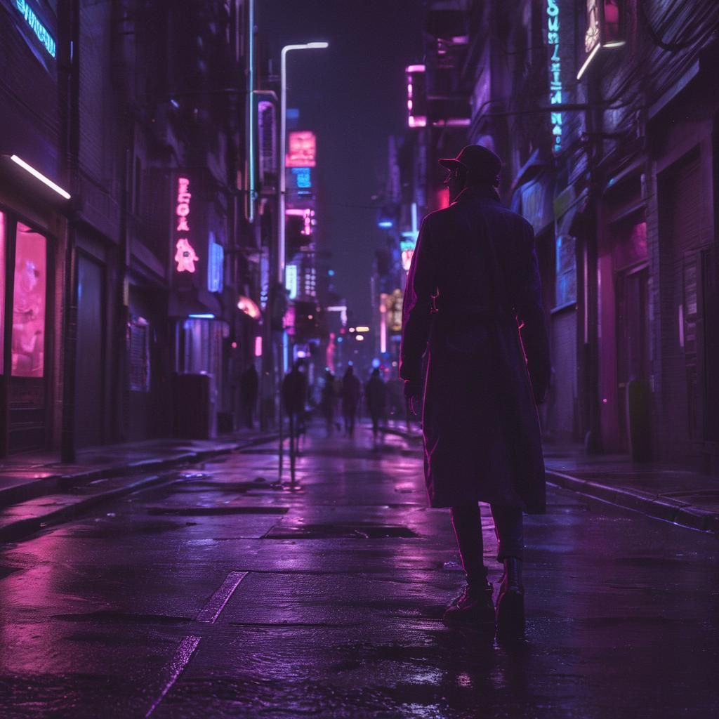 neon-lit city street at night,