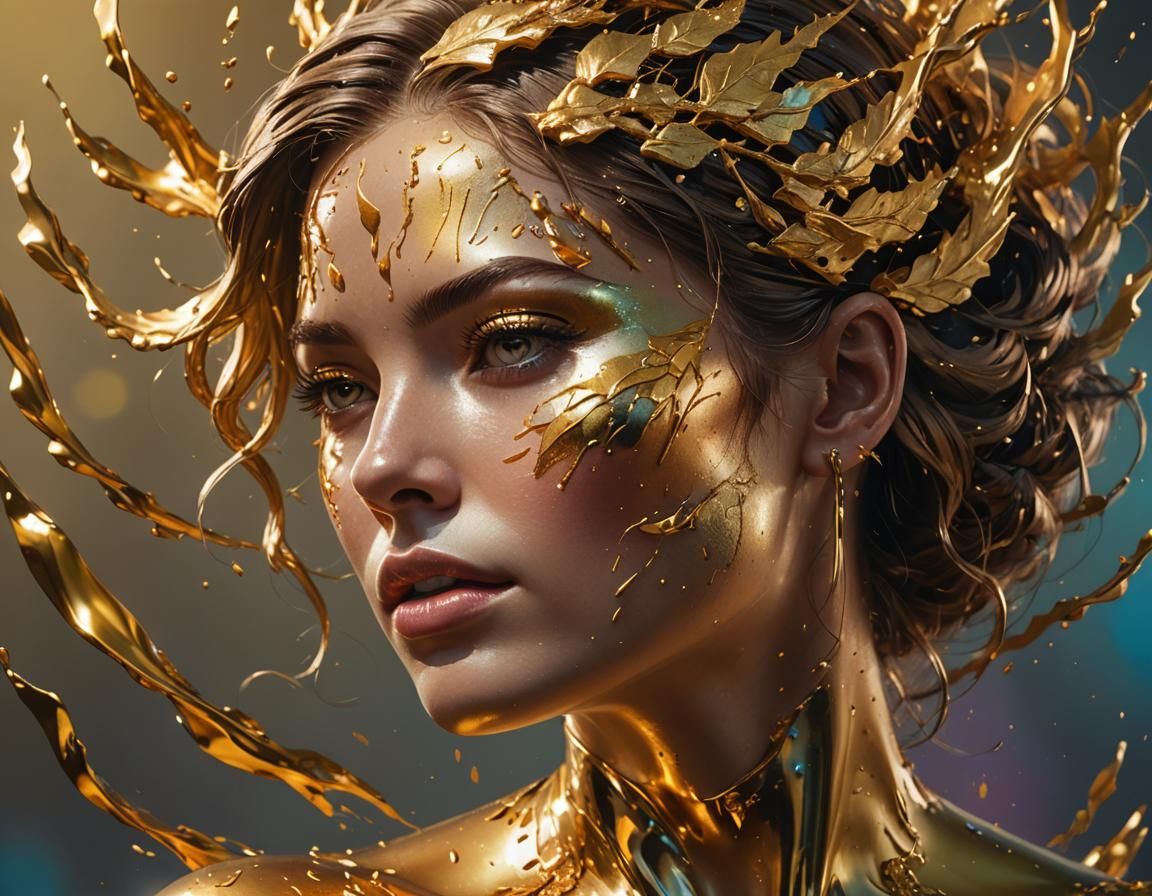 Intricately Detailed Gold Woman in Splash Art Style