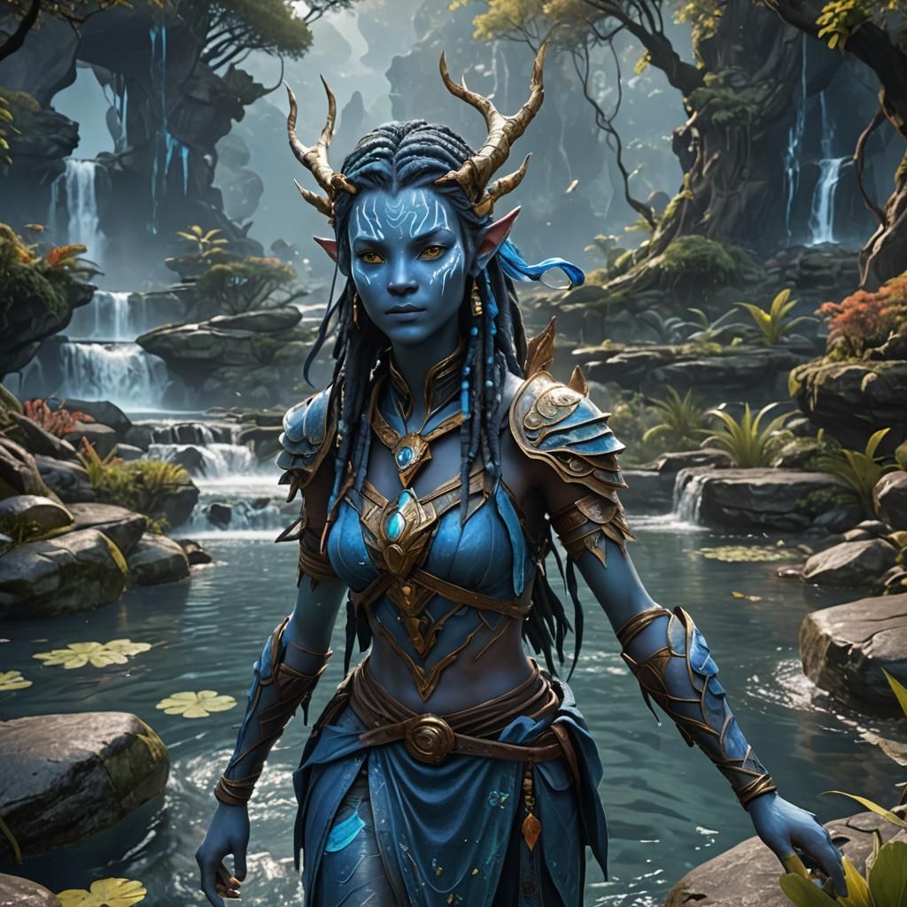 Navi Avatar Female with Blue Skin in Detailed Painting