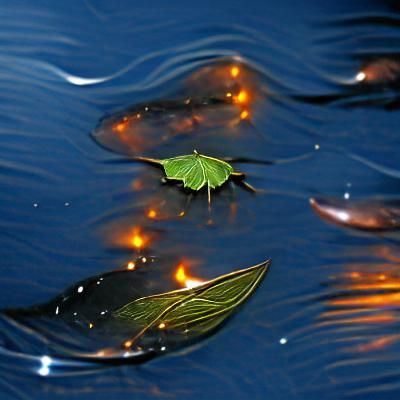Leaf, Water, and Fireflies Reflection