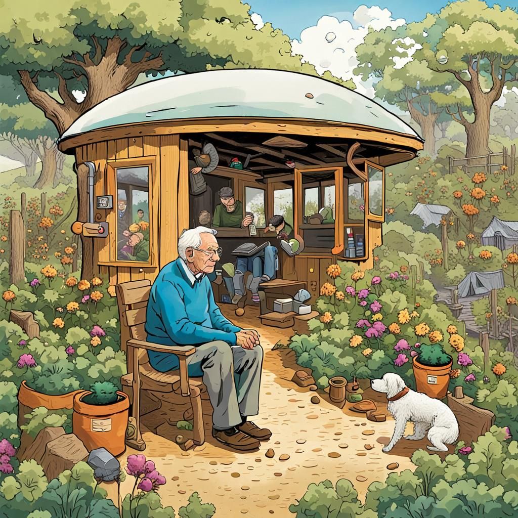 Elderly man sitting in his garden recalls memories, “in a co...