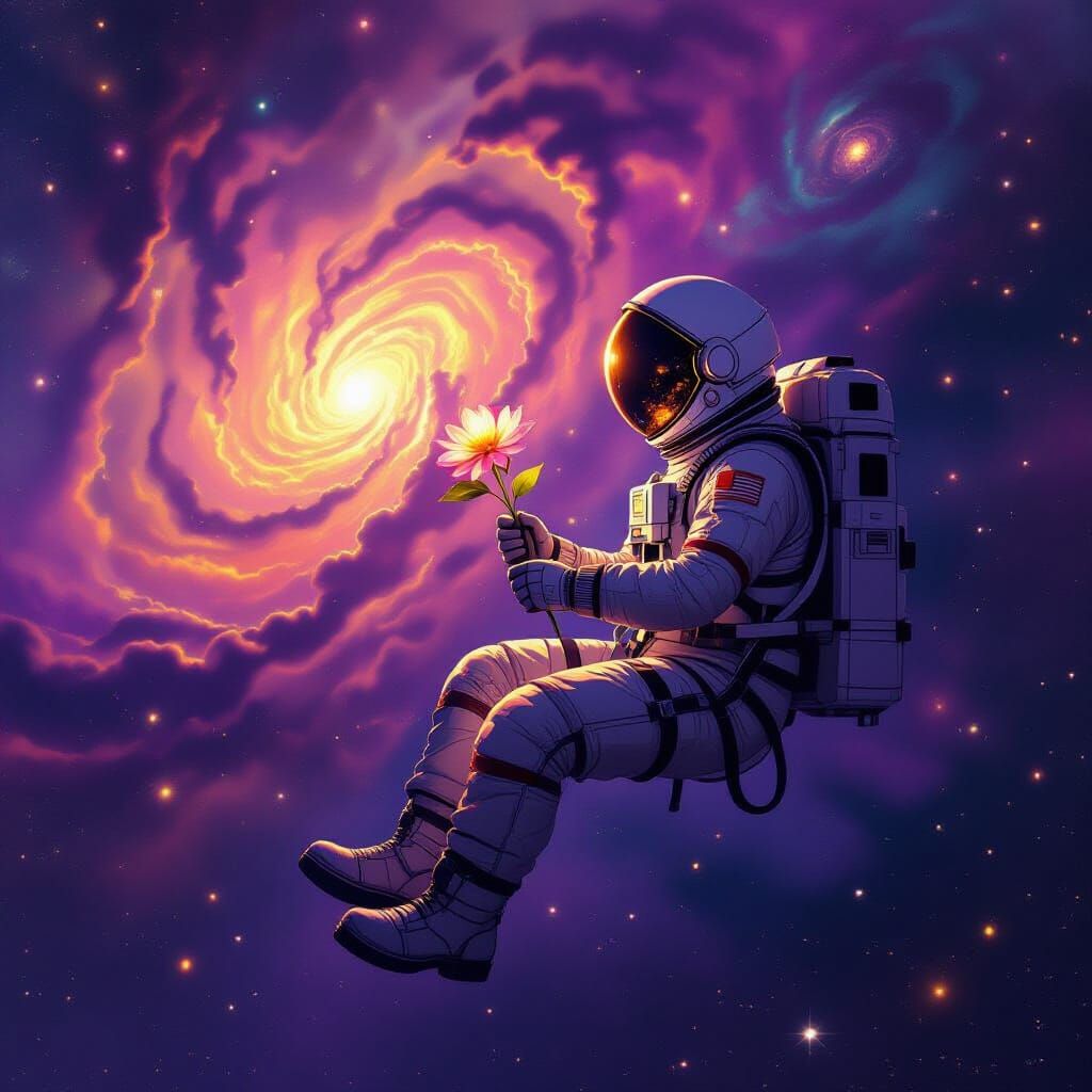 Astronaut Adrift in Nebula with Glowing Flower