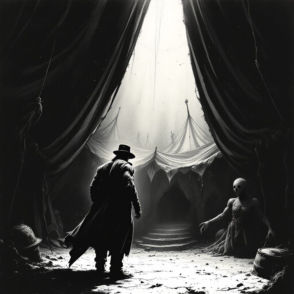 Masculine Figure Enters Dark Circus Tent in Noir Comic Style