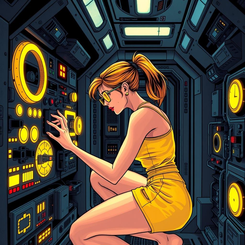 Woman Adjusts Sci-Fi Control Panel in Neon Tech Compartment